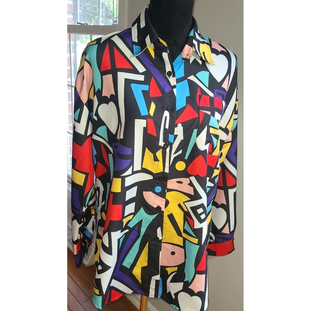 Retro Pop Art‎ 90's Button Up Y2K Geo Print Colorful Med Top